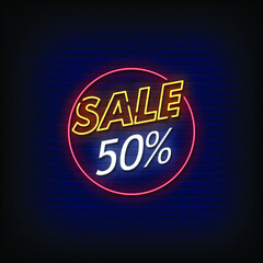 Sale 50% Neon Signs Style Text Vector