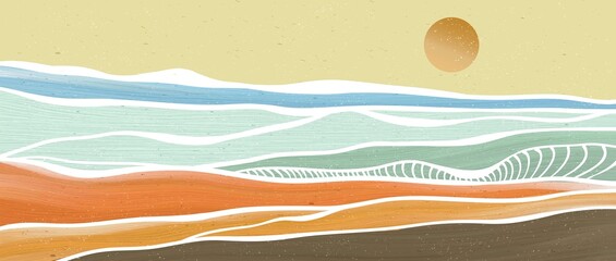 Creative minimalist modern paint and line art print. Abstract ocean wave and mountain contemporary aesthetic backgrounds landscapes. with sea, skyline, wave. vector illustrations