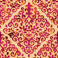 Seamless bright vivid pink and yellow pattern swatch for print. High quality illustration. Abstract background or wallpaper design. Brilliant, colorful, dynamic and expressive chic pattern design.