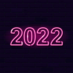 Fototapeta na wymiar Neon 2022 text on dark brick wall seamless background. Winter holidays, celebration, New Year concept. Night glowing neon signboard style. Vector 10 EPS illustration.