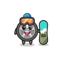 Illustration of car wheel character with snowboarding style