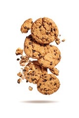 Fly cookies. Levitating broken cookies bits. Oatmeal cookies with chocolate chips isolated on white background.