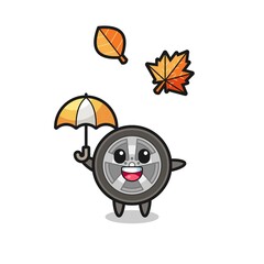 cartoon of the cute car wheel holding an umbrella in autumn