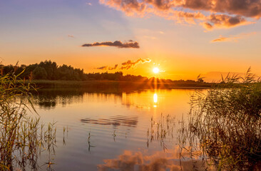 Scenic view at beautiful summer sunset on lake with reflection on water with reeds, grass, golden sun rays, calm water ,deep blue cloudy sky and glow on a background, spring evening landscape
