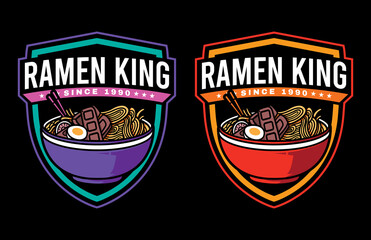 Set vector graphic logo design of ramen noodle cartoon with vintage retro style in black background. Good for icon, mascot, badge, emblem, banner, poster, flyer, social media, shirt