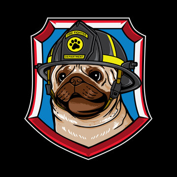 Vector graphic logo design of pug dog cartoon with vintage retro fire fighter style in black background. Good for icon, mascot, badge, emblem, banner, poster, flyer, social media post, shirt