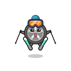 car wheel mascot character as a ski player