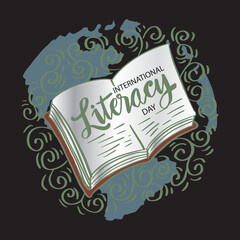 Fototapeta na wymiar International Literacy Day Poster with book. September 08. Education concept.