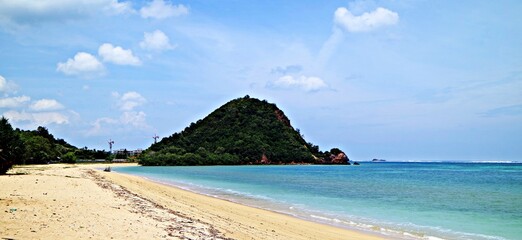 exotic mandalika beach with white sand and islands. Become a favorite tourist destination on the island of Lombok, West Nusa Tenggara, Indonesia.