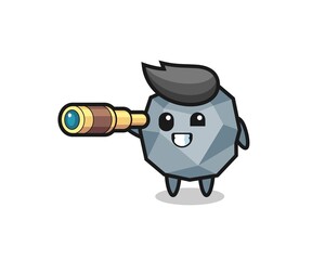 cute stone character is holding an old telescope