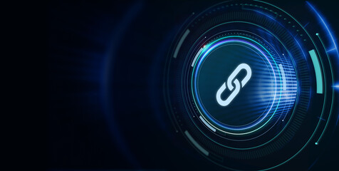 Chain Link icon on abstract blue background. Hyperlink chain symbol concept.3d rendering