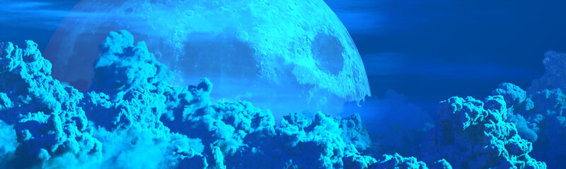 Fototapeta na wymiar backdrop - panoramic huge cumulus and moon - nature 3D illustration