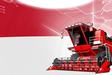 Digital industrial 3D illustration of red advanced rye combine harvester on Indonesia flag - agriculture equipment innovation concept
