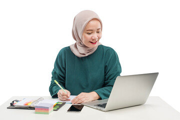 Asian Muslim businesswoman using a laptop working from home