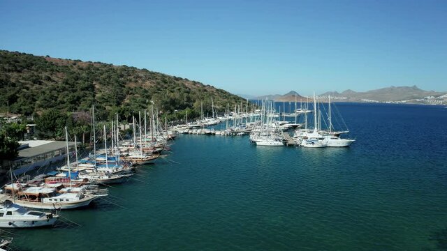 Amazing panoramic aerial 4k view from drone of beautiful bay of Bitez and Bodrum city in Bodrum on a bright and sunny day in Mugla province in Turkey