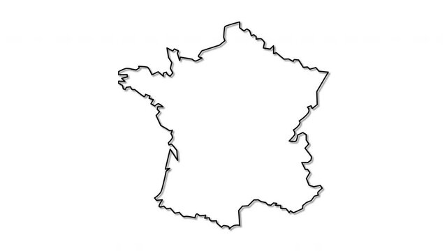 Self drawing animation of map of France territory. White background.