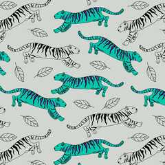 Vector image of a turquoise tiger with purple stripes. Hand-drawn. Design of posters, postcards, invitations, decor.