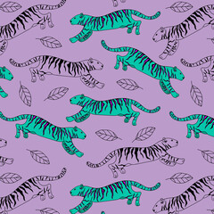 Vector image of a turquoise tiger with purple stripes. Hand-drawn. Design of posters, postcards, invitations, decor.
