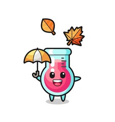 cartoon of the cute laboratory beaker holding an umbrella in autumn