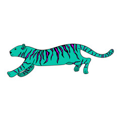 Vector image of a turquoise tiger with purple stripes. Hand-drawn. Design of posters, postcards, invitations, decor.