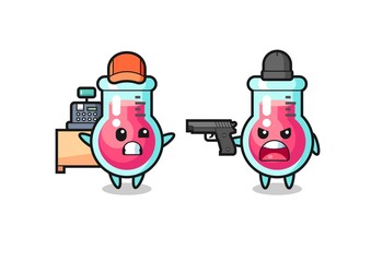 Fototapeta premium illustration of the cute laboratory beaker as a cashier is pointed a gun by a robber