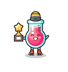 Naklejka premium laboratory beaker cartoon as an ice skating player hold winner trophy