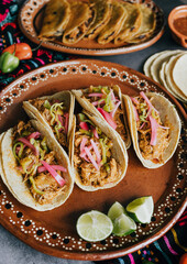 mexican cochinita pibil tacos with habanero sauce traditional food in Yucatan Mexico - obrazy, fototapety, plakaty