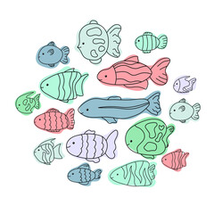 Cute fish set doodle line. Marine aquarium collection.