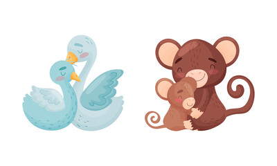 Fototapeta premium Mother and baby animals set. Swan and monkey moms hugging their kids cartoon vector illustration