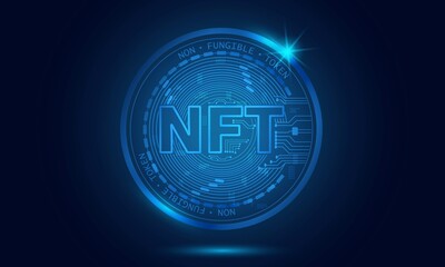 Non-fungible token (NFT) concept.Abstract futuristic blue technology background.