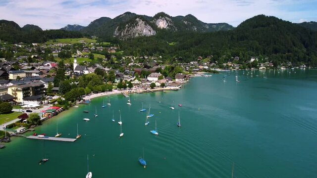 Village of St Gilgen at Lake Wolfgangsee in Austria - travel photography by drone