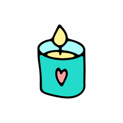 Cute doodle candle in blue glass. Hand-drawn outline home decor with heart label isolated on white background. Holiday, Valentines Day, Birthday, love, SPA symbol. Vector festive romantic illustration