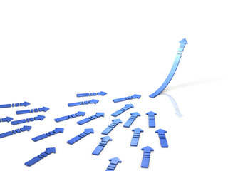 集まり集結する沢山の矢印。物事の集大成。白バック。3Dレンダリング。