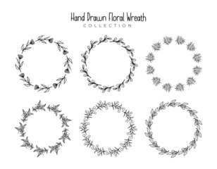 Set of 6 hand drawn floral wreath vector illustration