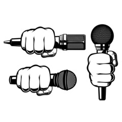 Human hand with microphone. Design element for sign, logo, label, t shirt. Vector illustration - obrazy, fototapety, plakaty