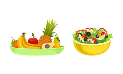 Healthy food set. Plates with fruits and vegetables vector illustration
