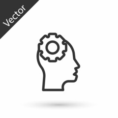 Grey line Human head with gear inside icon isolated on white background. Artificial intelligence. Thinking brain. Symbol work of brain. Vector
