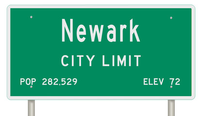 Rendering of a green New Jersey highway sign with city information