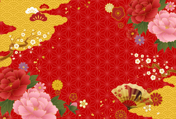 Leinwandbilder 和柄の模様と花と雲の22年年賀状テンプレートのベクターイラスト背景 和風 日本 春節 旧正月 中国 22 Honyojima