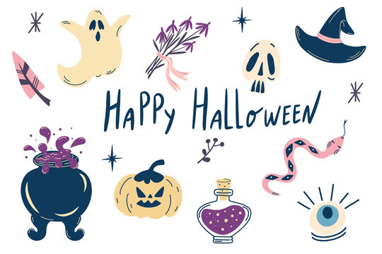 Halloween Set. Hand draw isolated Halloween elements. Pumpkin, ghost, cauldron, potions, hat and magic. Great for Halloween party props, greeting card, logo, stickers. Cartoon Vector illustration.