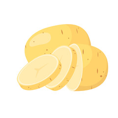 Raw potatoes on a white background. Whole and chopped vegetable.
