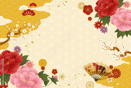 Fototapete 和柄の模様と花と雲の22年年賀状テンプレートのベクターイラスト背景 和風 日本 春節 旧正月 中国 Honyojima