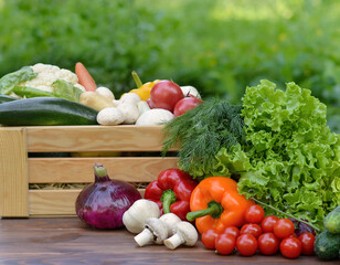 Fresh organic vegetables in a wooden box and on a wooden table on the background of a vegetable garden.Concept of biological, bio products, bio ecology, gardening, healthy food, vegetarianism.