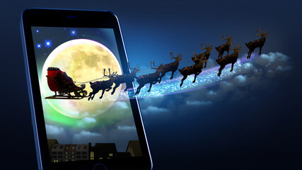Online Santa concept image. Santa Claus in his sleigh flying out of a mobile screen. 3D illustration isolated against a dark background with copy space