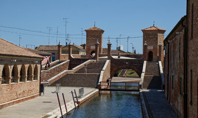Famous Tre Ponti or Trepponti three way bridge in Comacchio. Italy