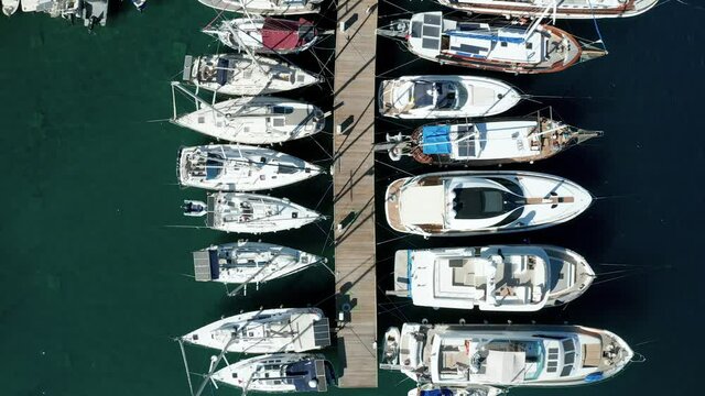 Amazing panoramic aerial 4k view from drone of beautiful bay of Bitez and Bodrum city in Bodrum on a bright and sunny day in Mugla province in Turkey