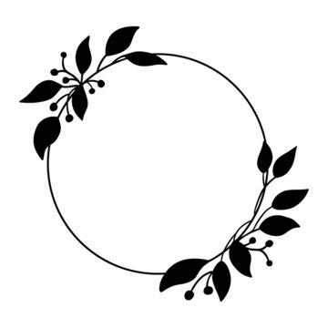 Vector floral frame with leaves. Round black frame isolated on white.