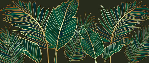 Golden leaves line art background vector. luxury gold abstract wallpaper with blue and tidewater green color. Design for prints, Home decoration, fabric and cover design. vector illustration.