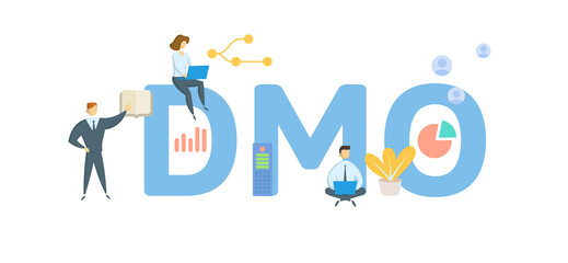 DMO, Destination Management Organisation. Concept with keyword, people and icons. Flat vector illustration. Isolated on white.