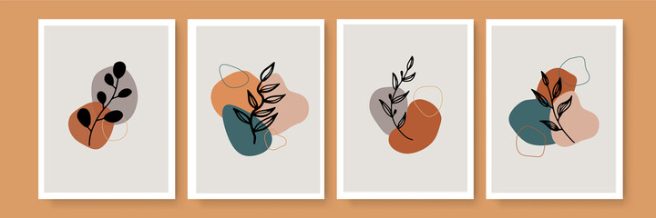 Botanical wall art vector set. boho Foliage line art drawing with abstract shape. Abstract Plant Art design for print, cover, wallpaper, Minimal and natural wall art.